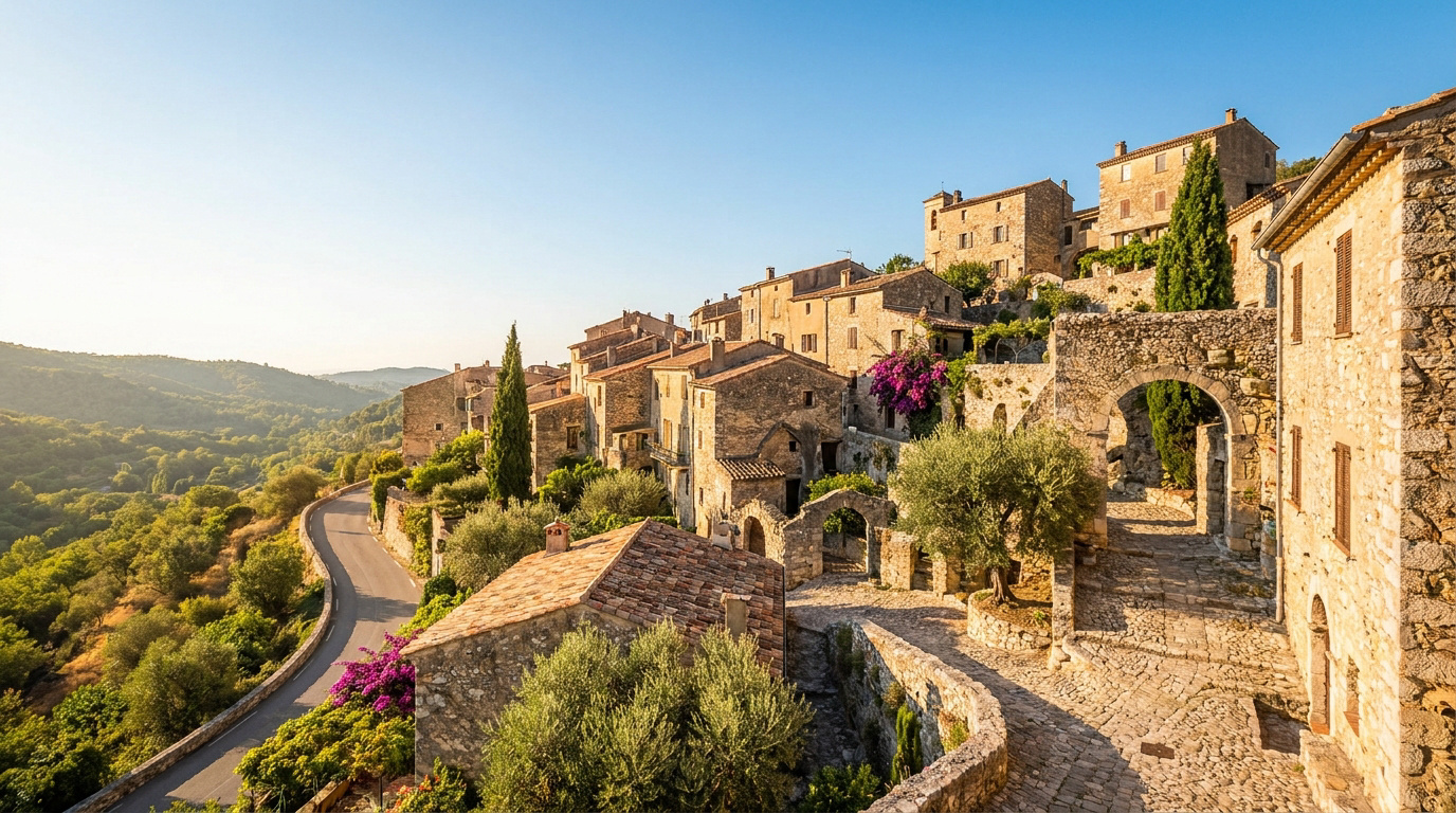 Village perché en pierre de Coaraze sous le soleil, avec maisons anciennes, arches, route sinueuse et vallée verdoyante.