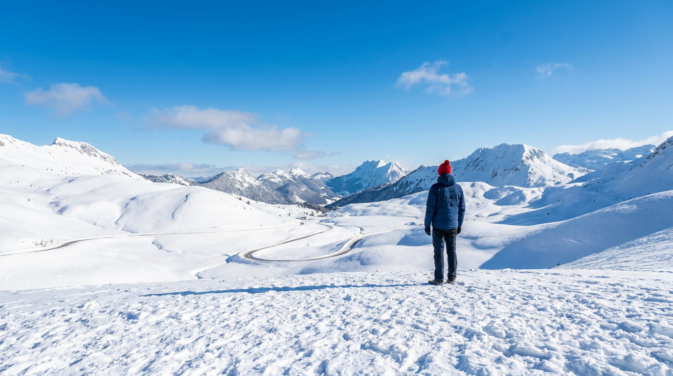 Une personne portant un bonnet rouge contemple un paysage montagneux enneigé et une route sinueuse sous un ciel bleu.
