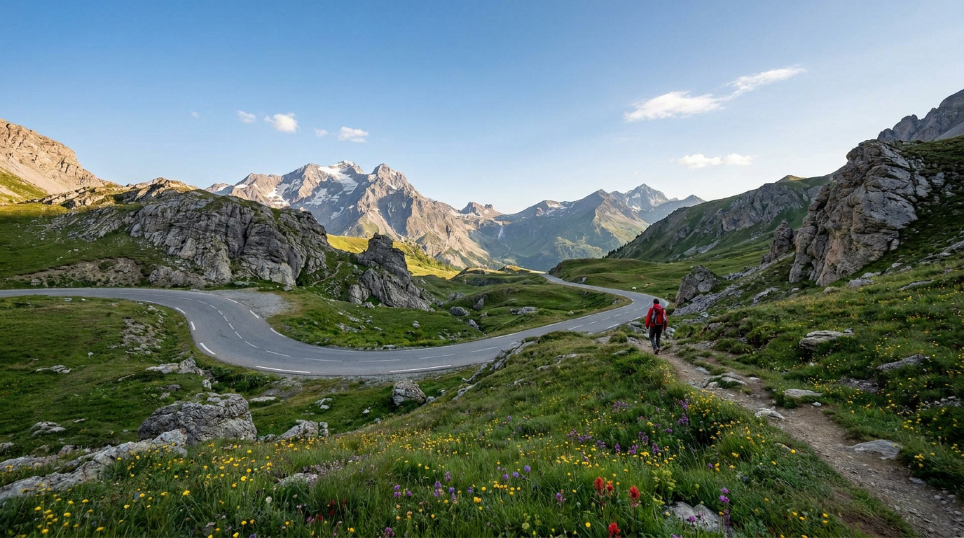 Randonneur marchant sur un sentier près d'une route sinueuse dans les montagnes du Col de Larche sous un ciel bleu.