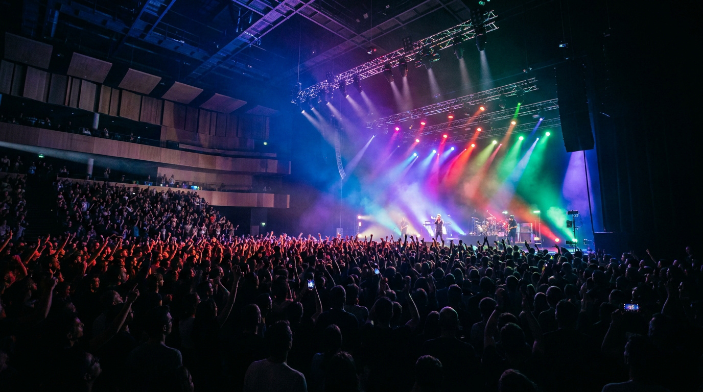 Public en liesse lors d'un concert sous des projecteurs colorés au Zénith d'Auvergne.