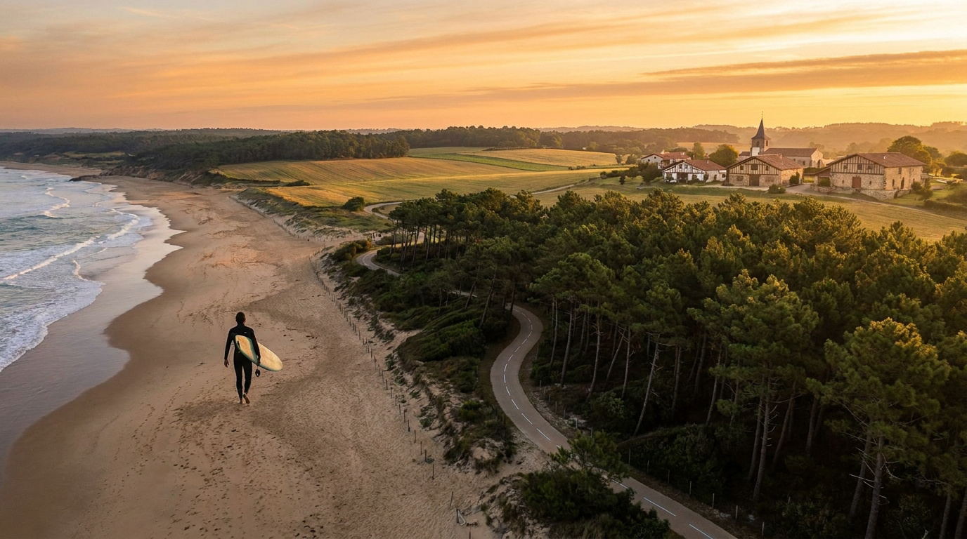 Surfeur sur une plage des Landes au coucher du soleil, avec une piste cyclable, la forêt et un village traditionnel.