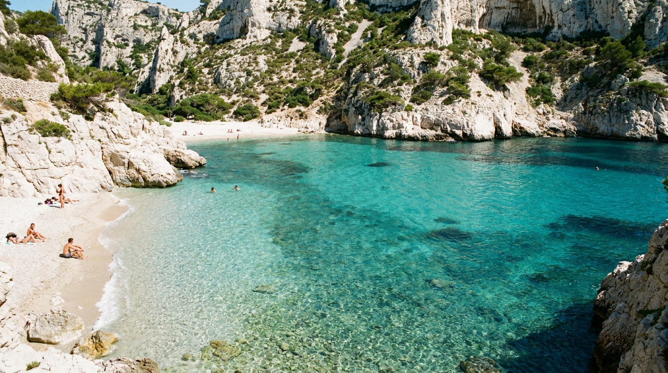 Calanque méditerranéenne avec falaises blanches, plage de galets et eaux turquoise. Des baigneurs profitent du soleil et de la mer.