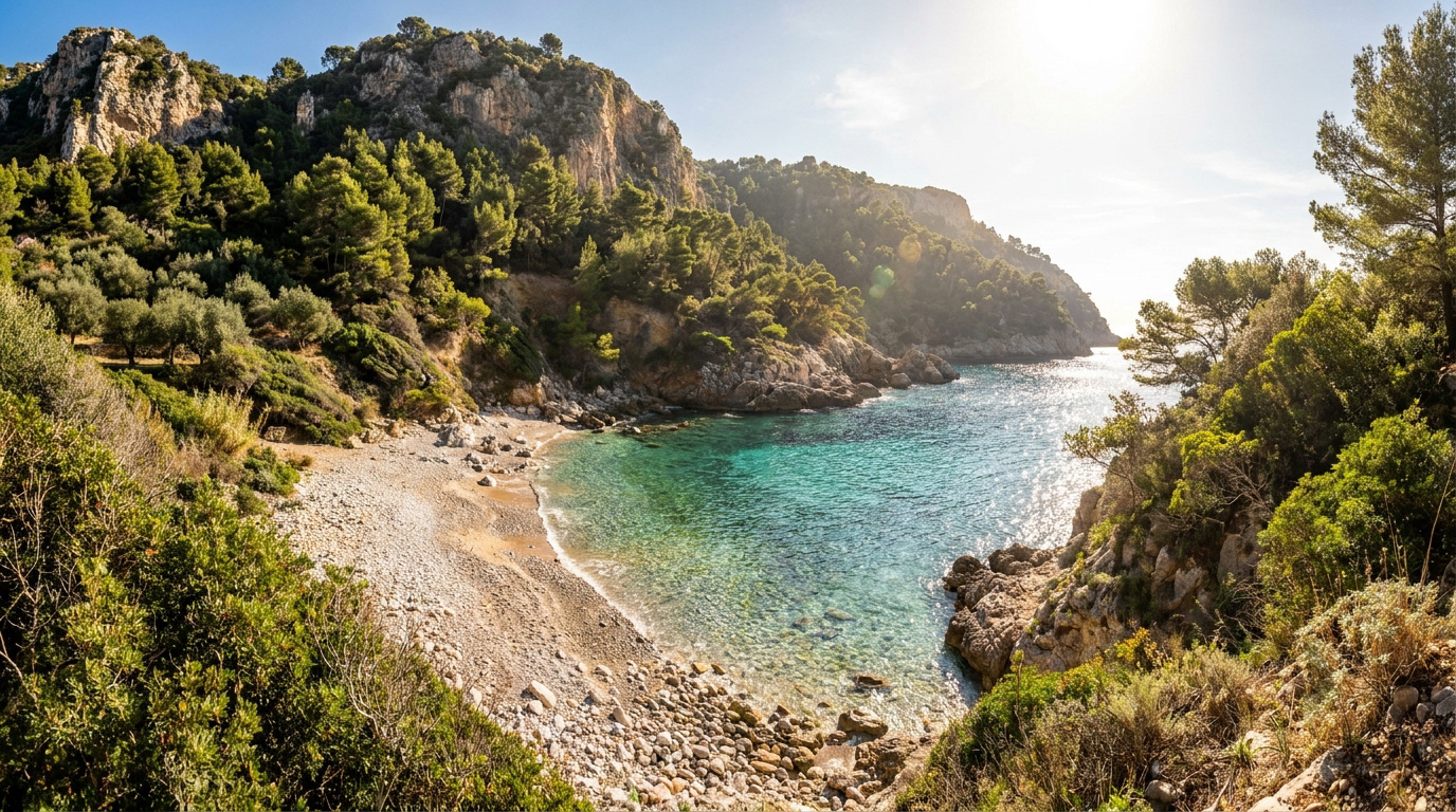 Vue d'une crique de galets aux eaux turquoise et cristallines, entourée de falaises verdoyantes, sous le soleil méditerranéen.