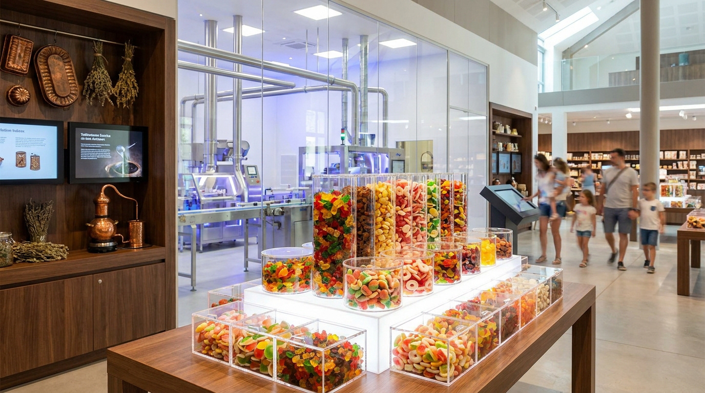 Intérieur moderne du Musée Haribo avec des présentoirs remplis de bonbons colorés et des machines de production visibles.