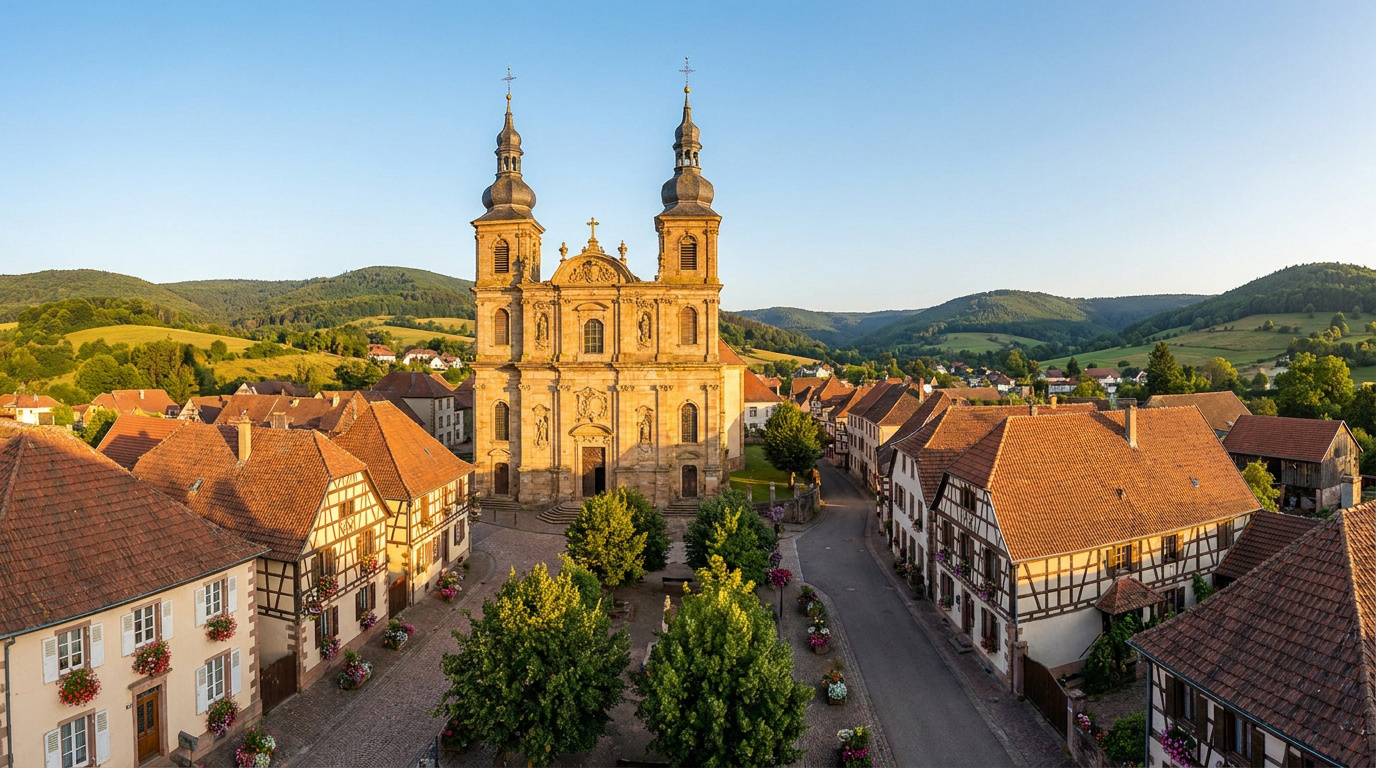 Vue aérienne de l'église baroque de Saint-Quirin et du village avec ses maisons traditionnelles, au milieu des collines verdoyantes.