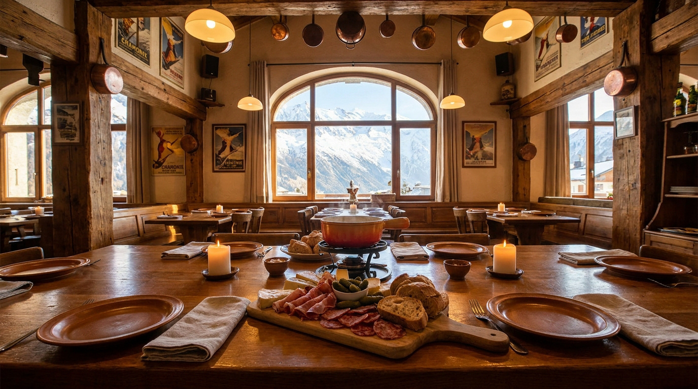 Une table dressée pour une fondue avec plateau de charcuterie et vue panoramique sur les montagnes enneigées.