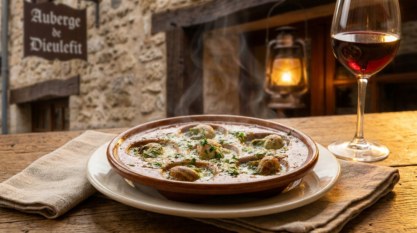 Plat d'escargots fumants servis avec un verre de vin rouge devant l'Auberge de Dieulefit.