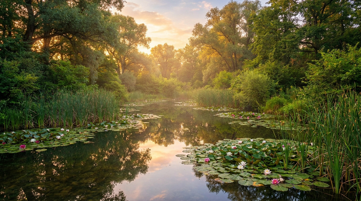 Un étang verdoyant au lever du soleil, avec des nénuphars blancs et roses, des roseaux et des arbres se reflétant dans l'eau calme.