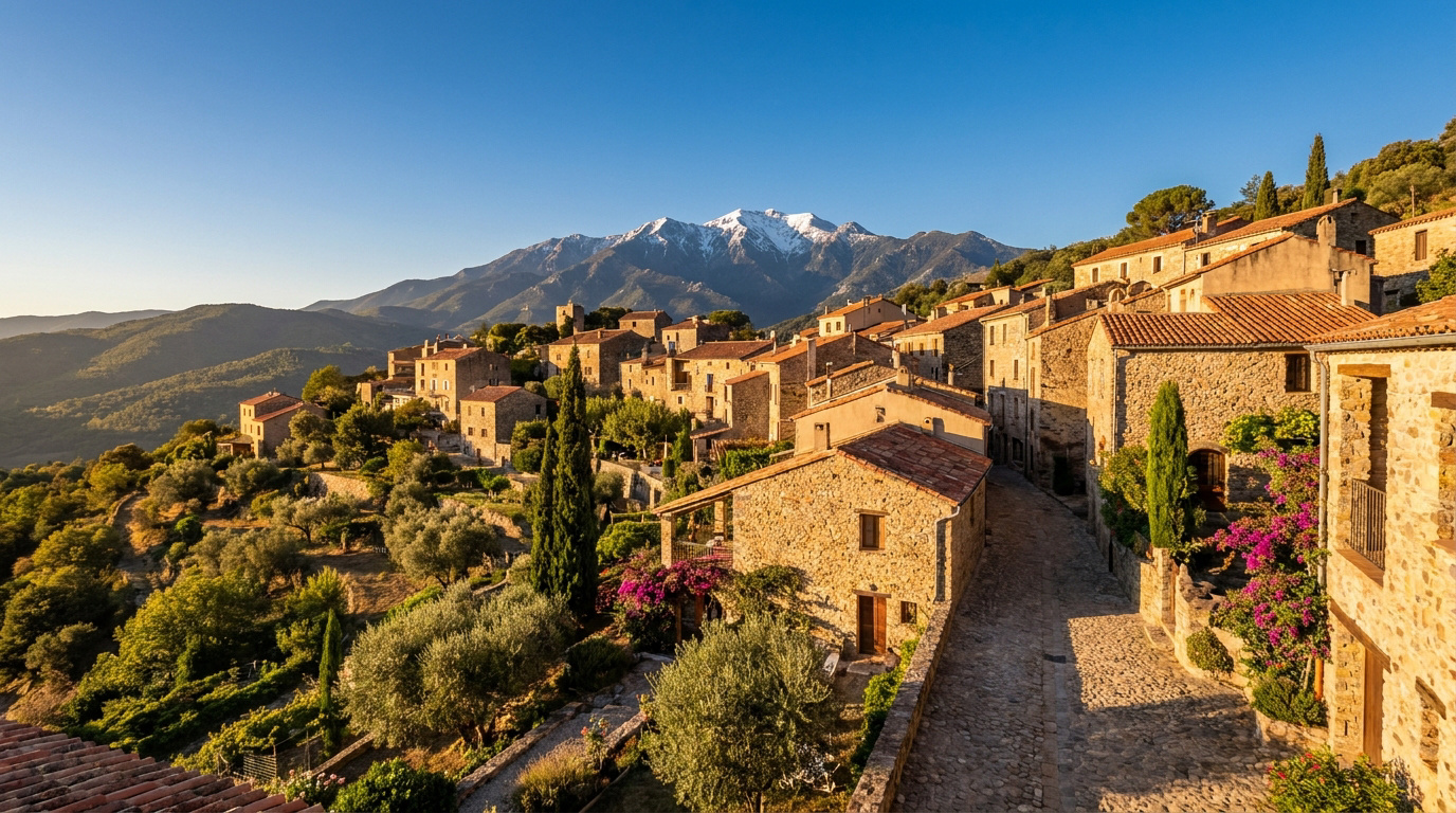 Vue panoramique du village d'Eus en pierre et aux toits de tuiles, face au mont Canigou enneigé sous un ciel bleu.