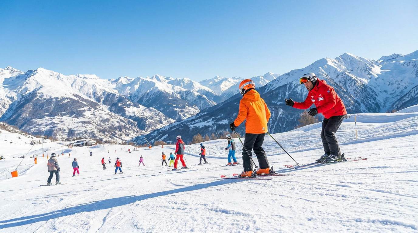 Moniteur de ski en veste rouge enseignant à un enfant en orange sur une piste ensoleillée aux Orres. Montagnes enneigées en fond.