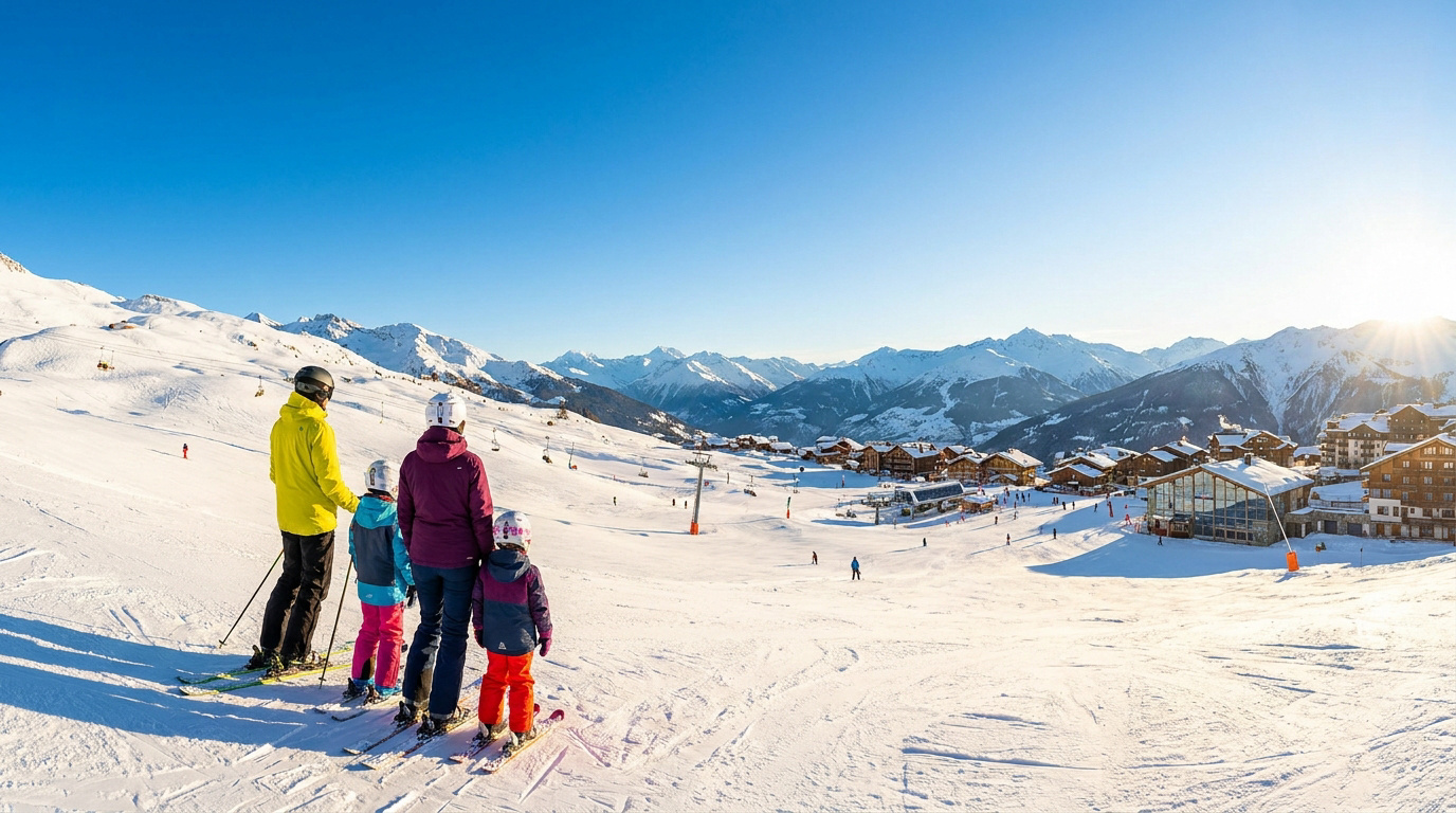 Famille de skieurs (deux adultes, deux enfants) admirant une station de ski enneigée sous un ciel bleu éclatant.