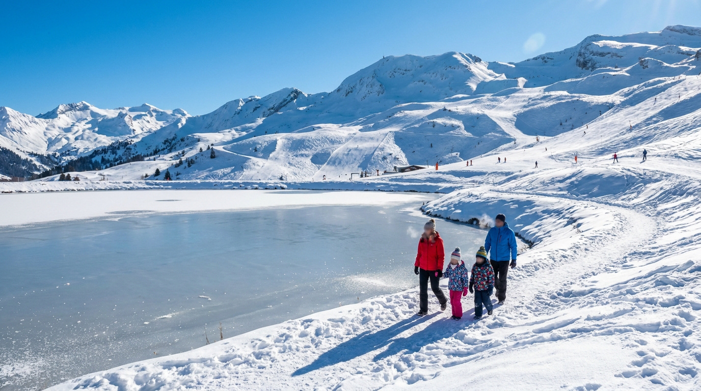 Famille marchant sur le bord d'un lac gelé à Morillon avec les montagnes enneigées du Grand Massif en arrière-plan.