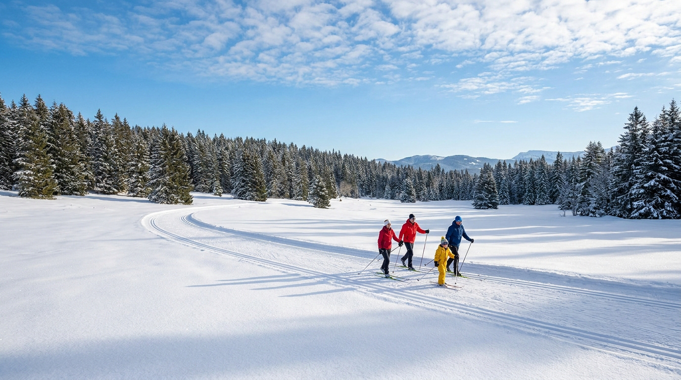 Une famille faisant du ski de fond sur une piste enneigée entourée d'une forêt de sapins sous un ciel bleu.