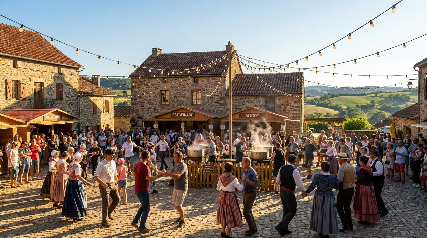 Des villageois en tenues traditionnelles dansent sur une place pavée en Aveyron, avec des stands culinaires en arrière-plan.