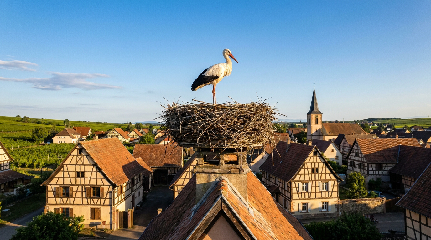 Une cigogne blanche est perchée dans son grand nid sur un toit, dominant un village alsacien aux maisons à colombages et un clocher.