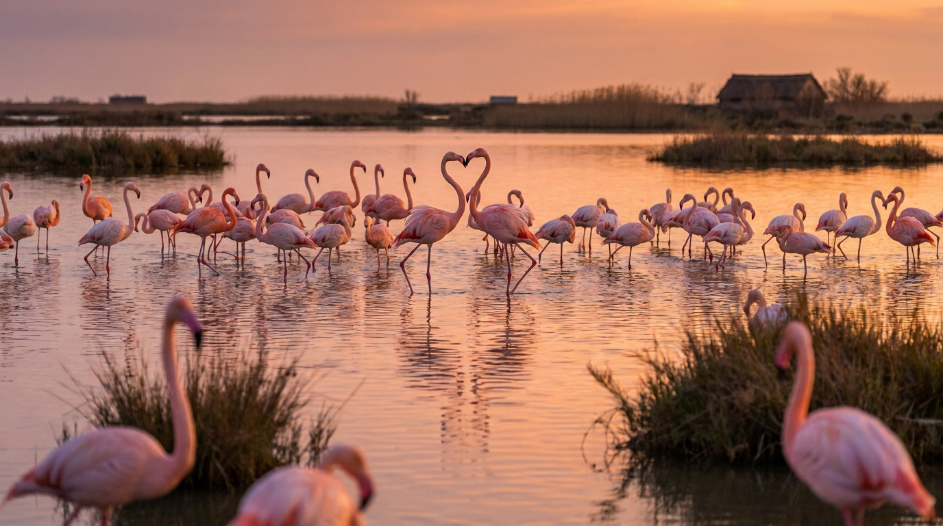 Des dizaines de flamants roses évoluent dans les eaux roses de Camargue au coucher du soleil. Un couple forme un cœur.