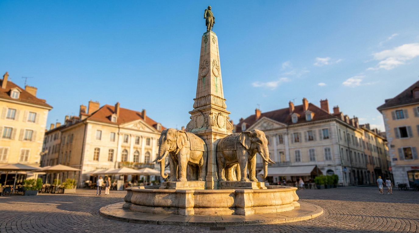Vue de la célèbre fontaine des éléphants au centre d'une place pavée à Chambéry sous un ciel bleu.