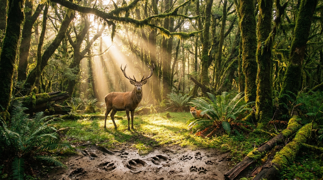 Un cerf majestueux et un renard roux observent dans une forêt dense aux rayons de soleil filtrés, avec des empreintes au sol.