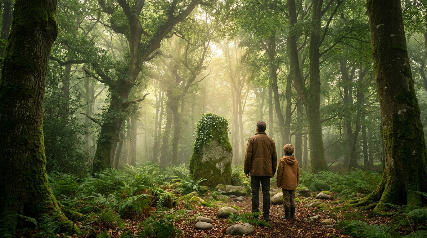 Homme et enfant de dos dans une forêt brumeuse, regardant une pierre moussue au soleil. Ambiance mystique.