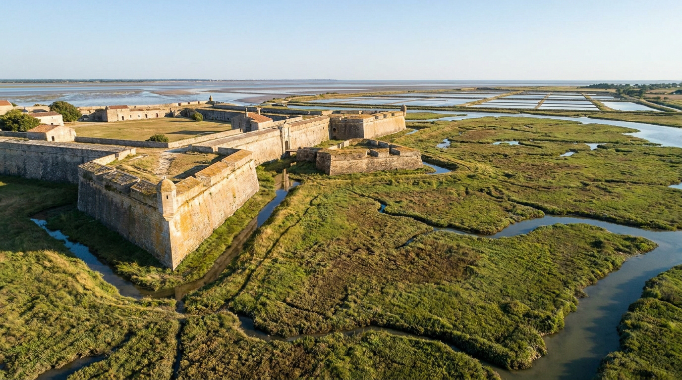 Vue aérienne des imposants remparts de Brouage, encerclés par des marais verdoyants et des canaux sinueux, avec l'océan à l'horizon.