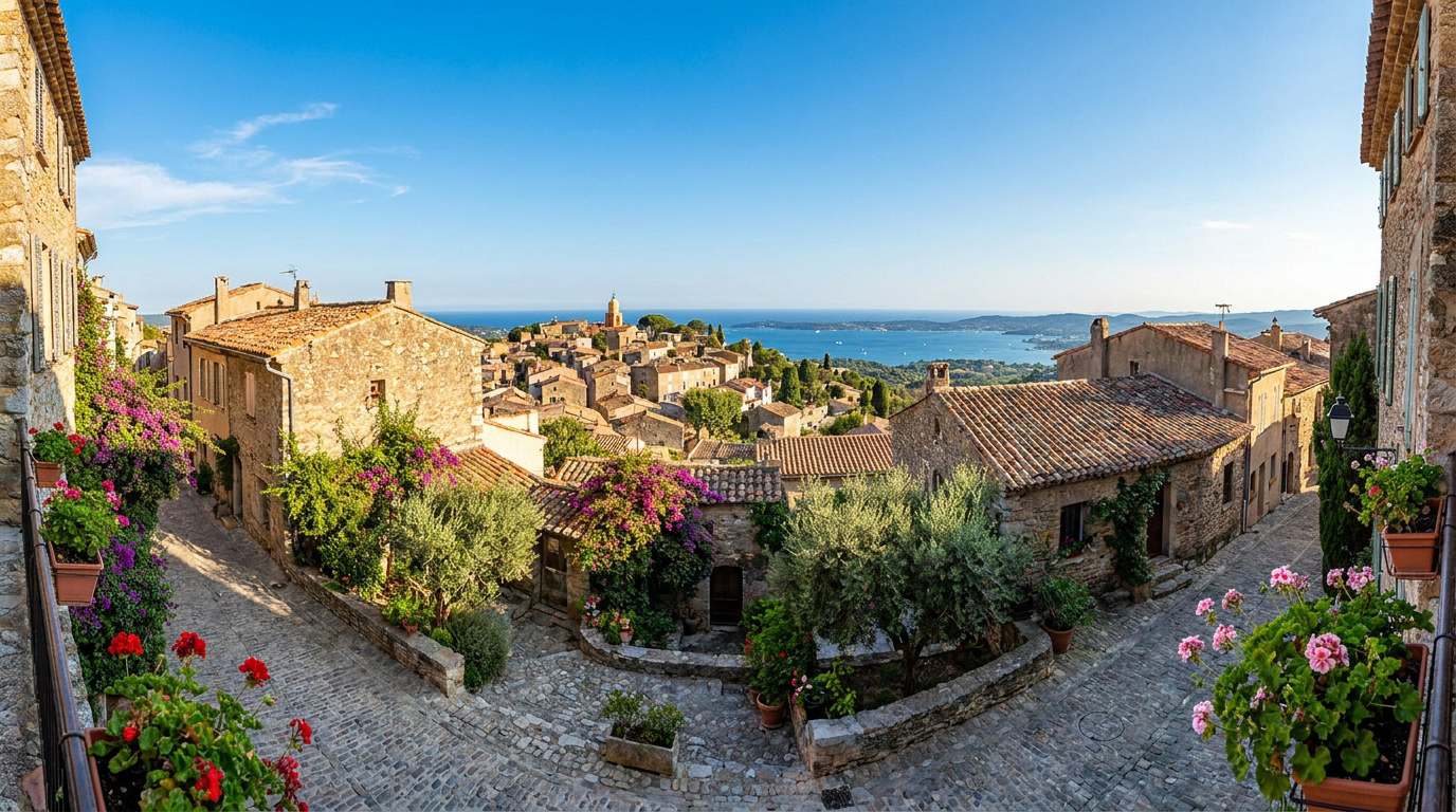 Vue panoramique sur les ruelles pavées et fleuries du village de Gassin, avec ses maisons en pierre et le Golfe de Saint-Tropez.