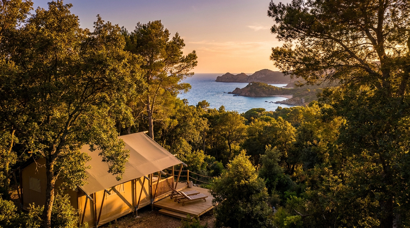 Tente glamping Huttopia Janas avec terrasse en bois dans une forêt luxuriante, offrant une vue imprenable sur la mer Méditerranée et des îles rocheuses au coucher du soleil.