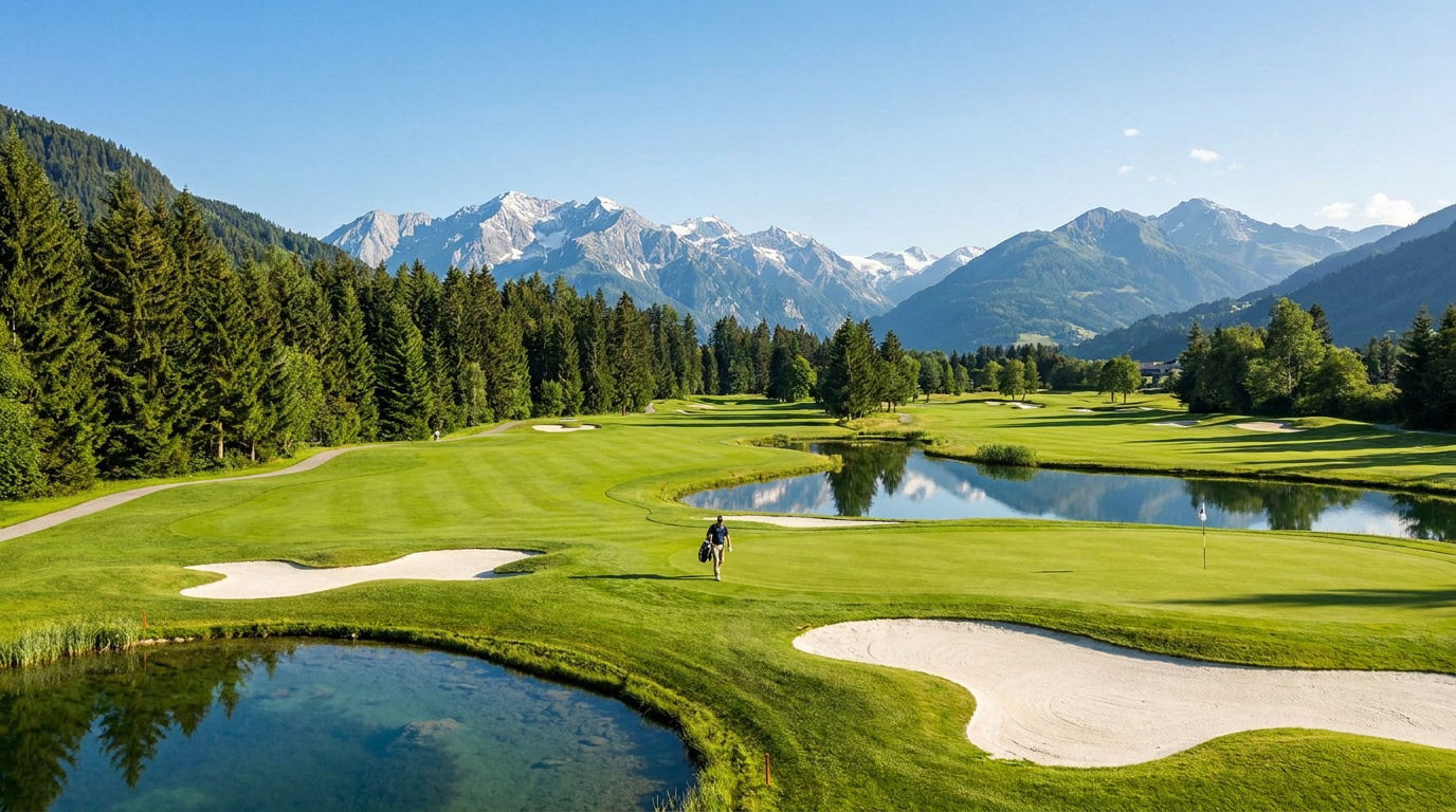 Un golfeur marche sur un parcours verdoyant avec des lacs et des montagnes enneigées en arrière-plan.