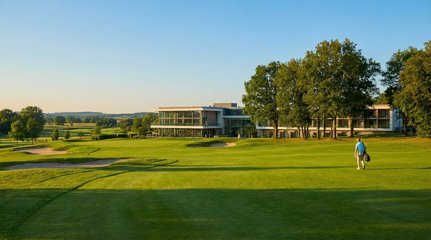 Vue panoramique du parcours de golf avec l'hôtel moderne en arrière-plan et un joueur marchant sur le green.