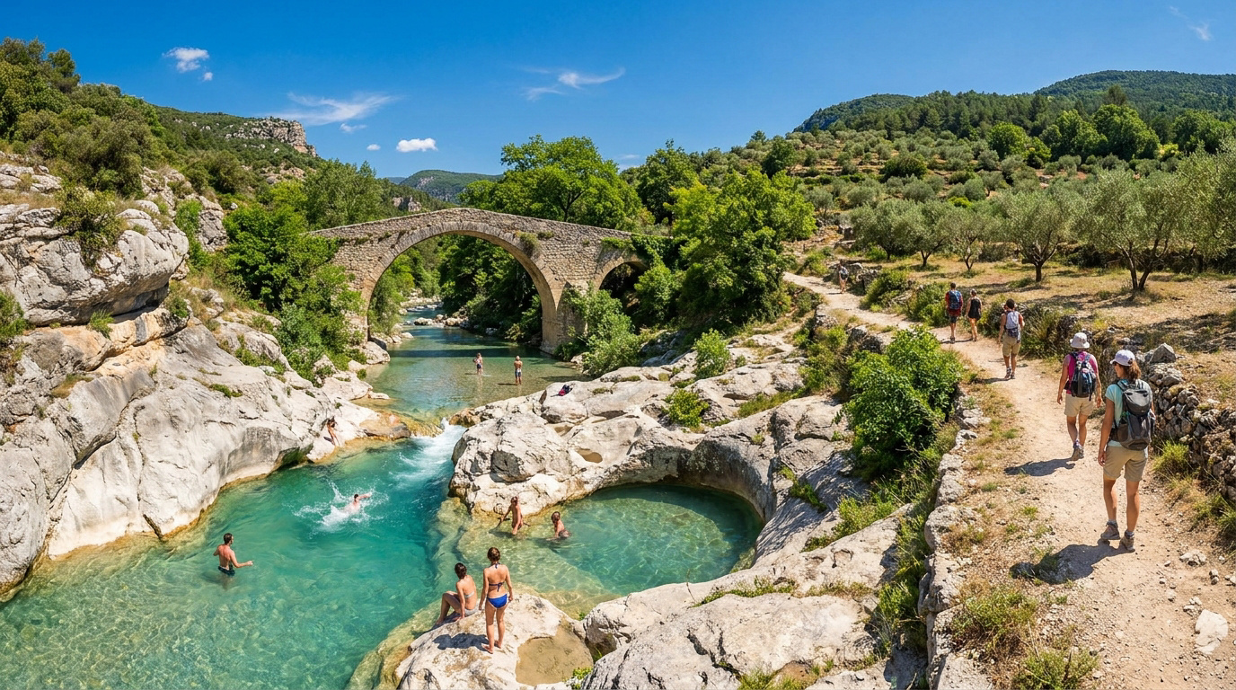 Scène des Gorges de la Méouge : baigneurs dans une rivière turquoise sous un pont de pierre, randonneurs sur un sentier ensoleillé.