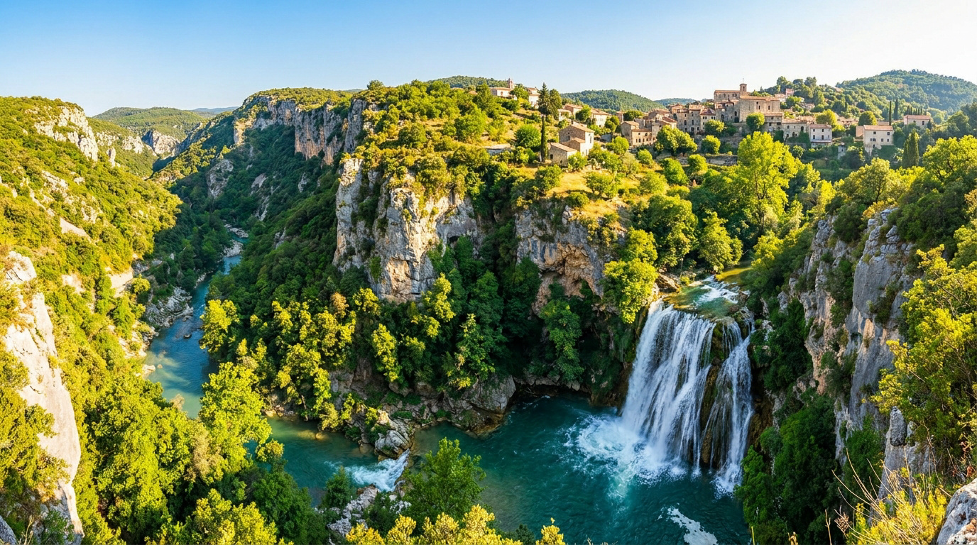 Vue aérienne des Gorges du Loup, avec une rivière turquoise, une grande cascade, et un village en pierre perché sur une colline boisée.