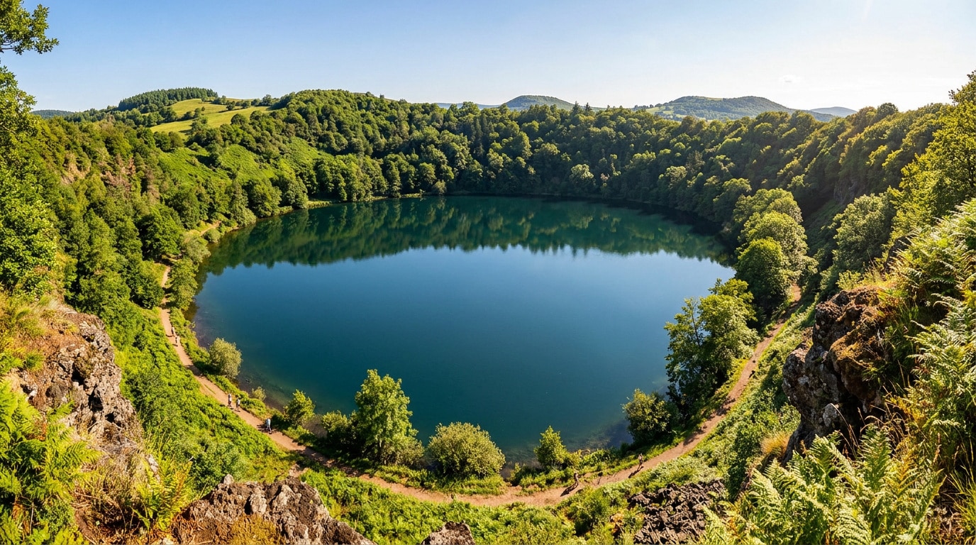 Vue panoramique du lac circulaire Gour de Tazenat entouré d'une forêt dense en Auvergne.