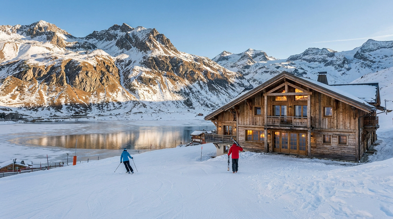 Un chalet en bois traditionnel au bord du lac gelé de Tignes avec des skieurs sur la neige sous un ciel bleu.