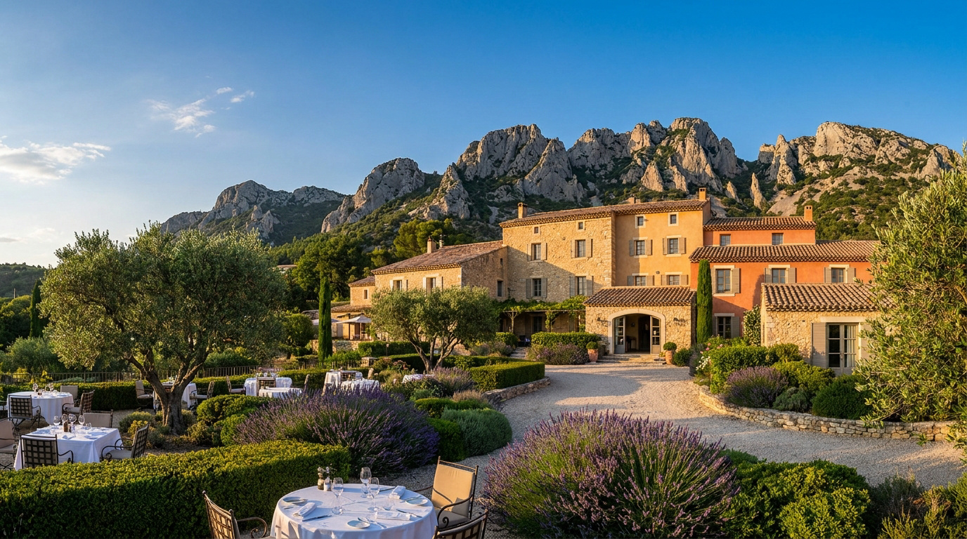 Hôtel-restaurant provençal aux Florets. Terrasses fleuries de lavande et oliviers. Dentelles de Montmirail en arrière-plan.