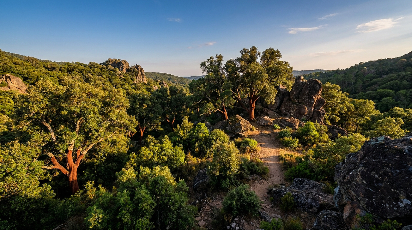 Sentier sinueux dans le Massif des Maures, bordé de chênes-lièges aux troncs rouges et de rochers, sous un ciel bleu intense.