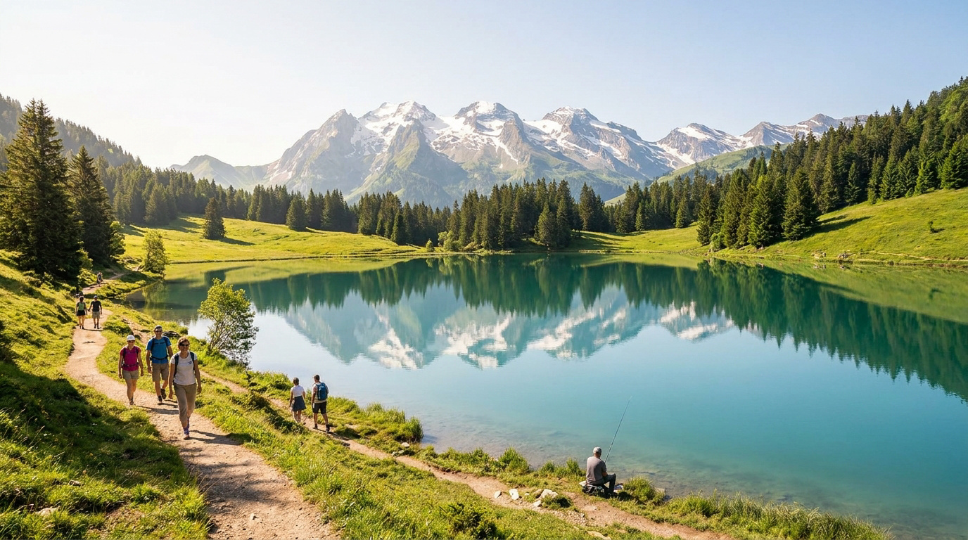 Randonneurs longeant le Lac de Javen avec les sommets enneigés des Alpes en arrière-plan sous un ciel bleu.