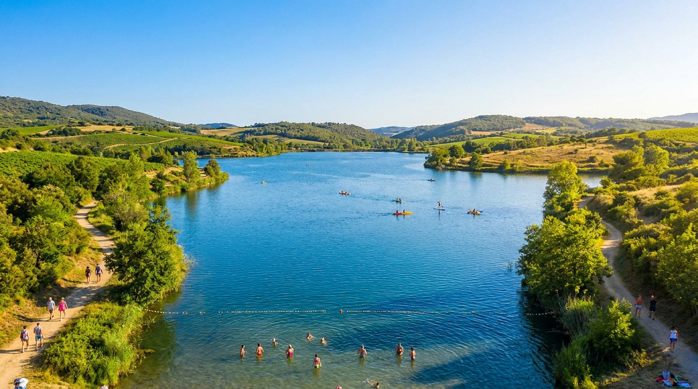 Vue aérienne du lac de Jouarres avec des baigneurs et des kayakistes sous un ciel bleu dégagé.