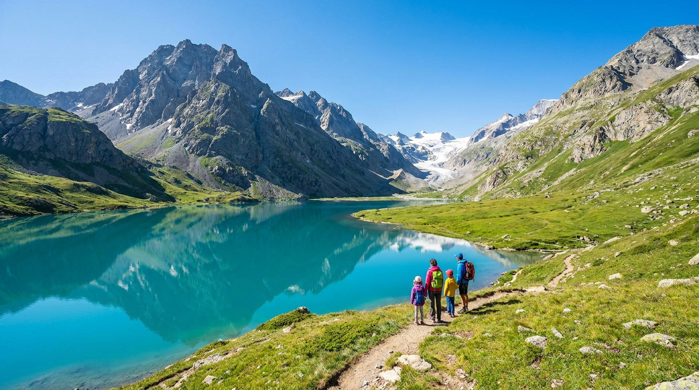 Quatre randonneurs près d'un lac turquoise entouré de montagnes verdoyantes et enneigées sous un ciel bleu.