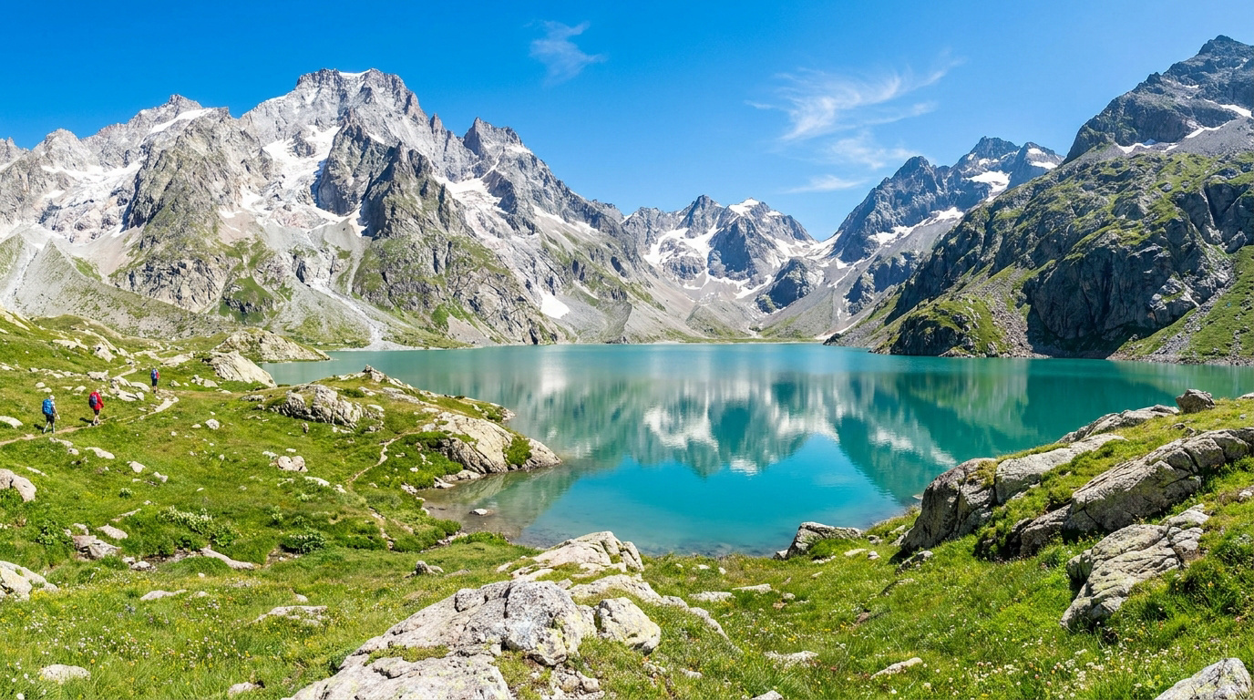 Randonneurs au bord du lac de l'Eychauda turquoise entouré de sommets enneigés dans le massif des Écrins.