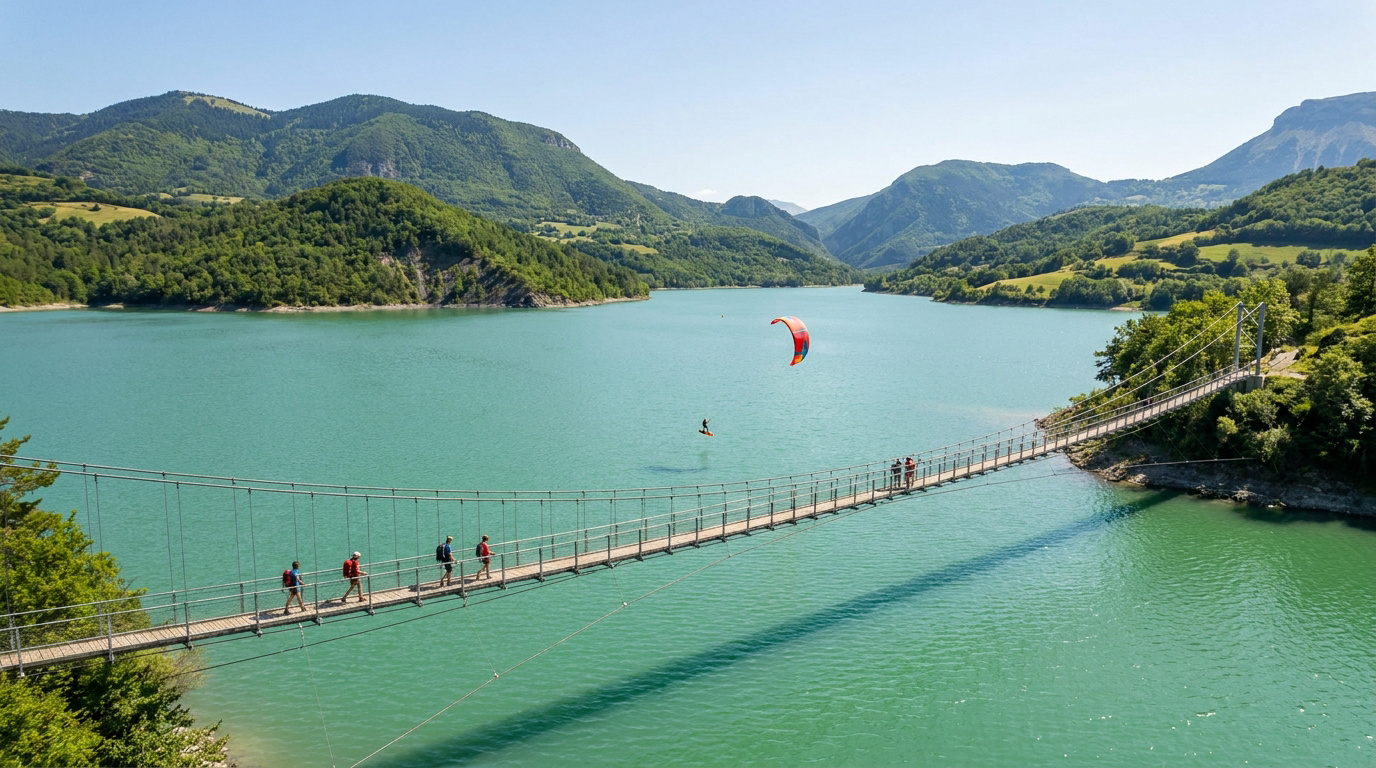 Randonneurs traversant une passerelle suspendue au-dessus du lac de Monteynard avec un kitesurfeur en arrière-plan.