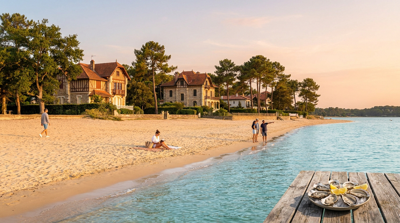 Vue sur la plage du lac d'Hossegor avec ses belles villas landaises et une assiette d'huîtres sur un ponton en bois.