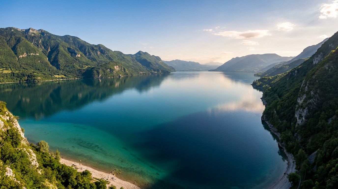Vue panoramique aérienne du Lac du Bourget entouré par les montagnes majestueuses de Savoie.