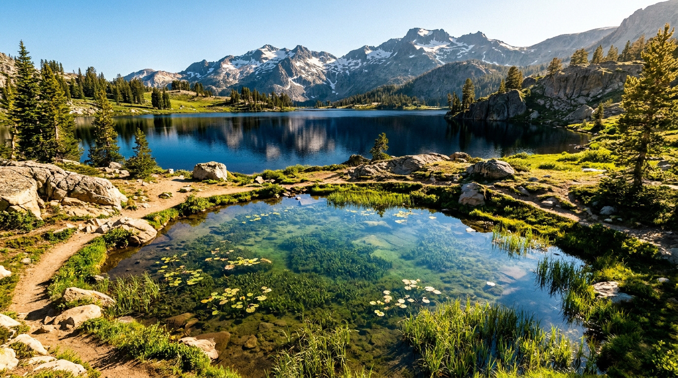Grand lac de montagne reflétant les sommets enneigés, et petit étang clair avec nénuphars au premier plan, sous un ciel bleu.