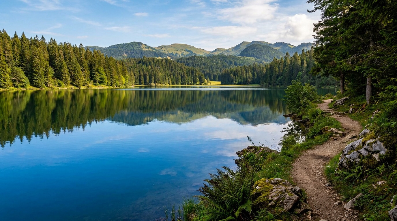 Sentier au bord du Lac Genin entouré d'une forêt de sapins sous un ciel bleu en été.
