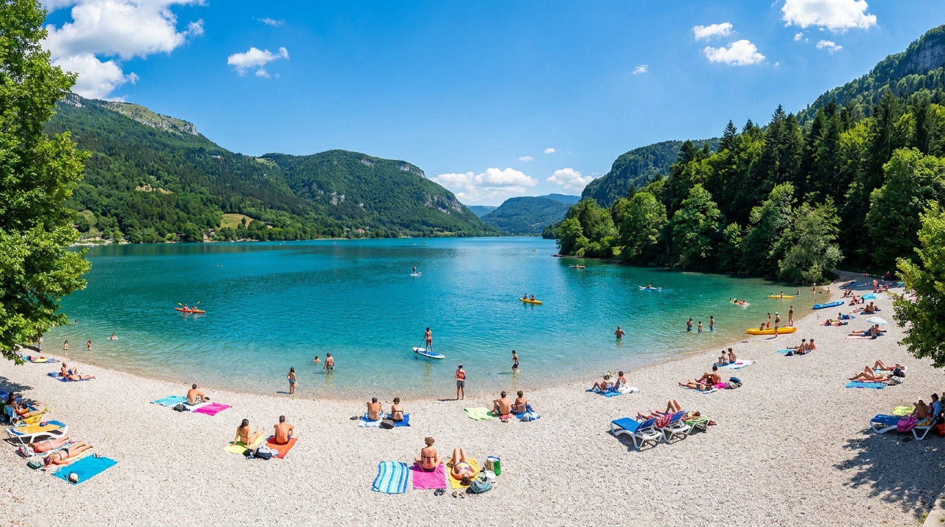 Vue panoramique sur la plage du lac de Nantua avec des baigneurs et des montagnes verdoyantes en arrière-plan.