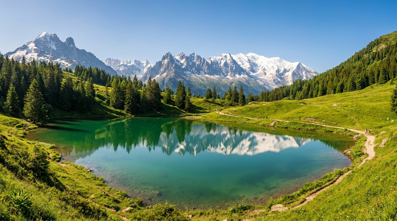 Vue panoramique du Lac Vert aux eaux émeraude avec le massif du Mont-Blanc en arrière-plan sous un ciel bleu.