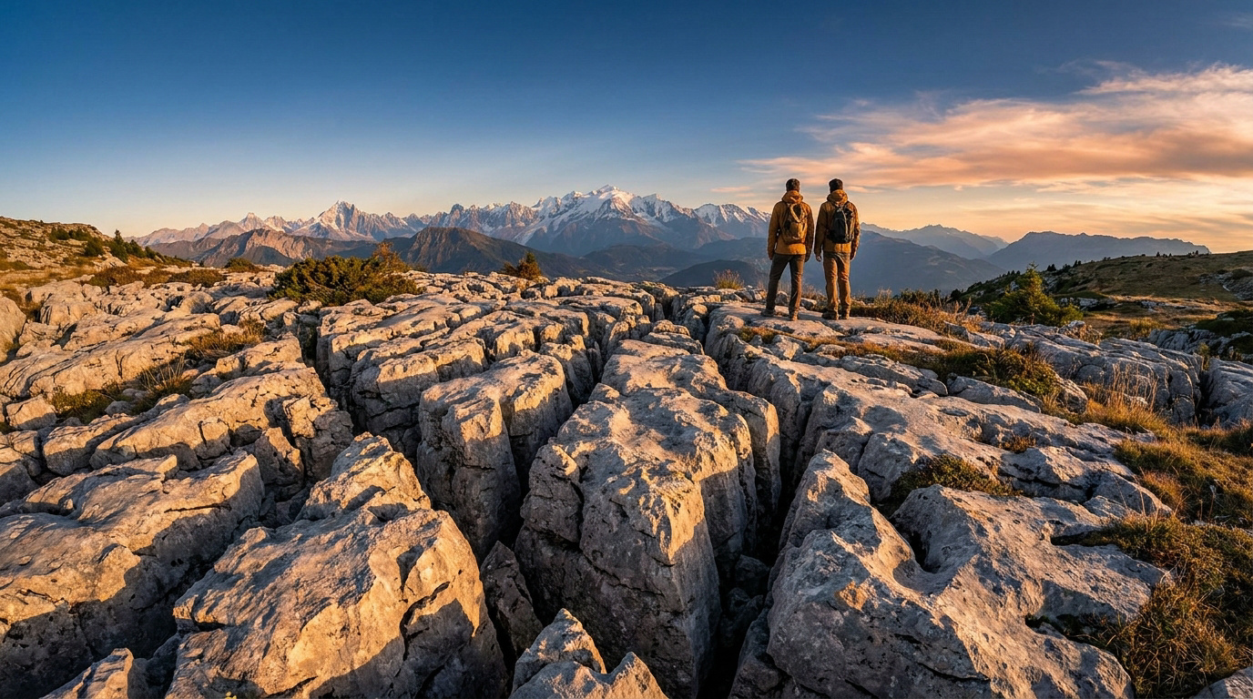 Deux randonneurs admirant le lever du soleil sur les lapiaz du Parmelan face aux sommets enneigés du massif du Mont-Blanc.