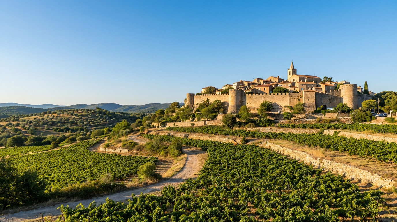 Vue aérienne du village médiéval du Castellet avec ses remparts et son clocher, entouré de vastes vignobles.