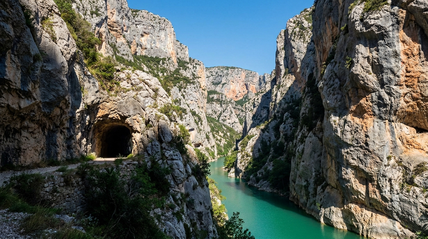 Gorges du Verdon : Rivière turquoise et canyon escarpé avec un sentier rocheux menant à l'entrée d'un tunnel sombre.