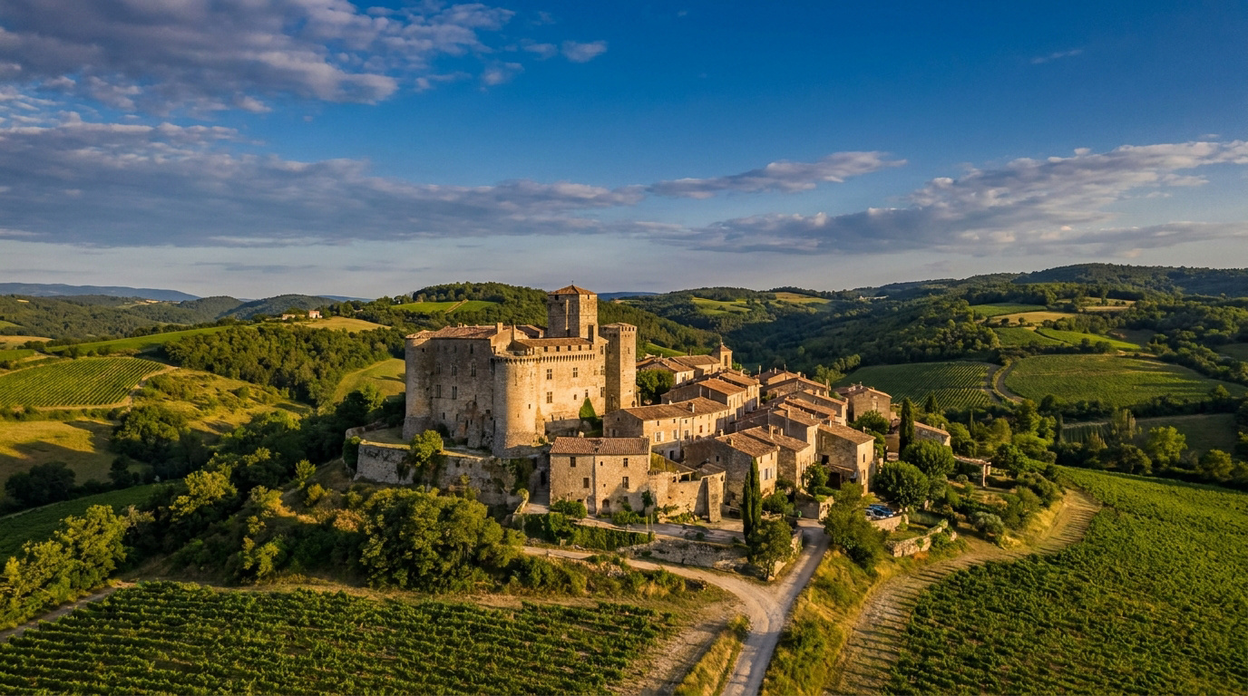 Vue aérienne du village médiéval de Le Poët-Laval avec son château en pierre et ses maisons. Vignobles et collines verdoyantes au crépuscule.