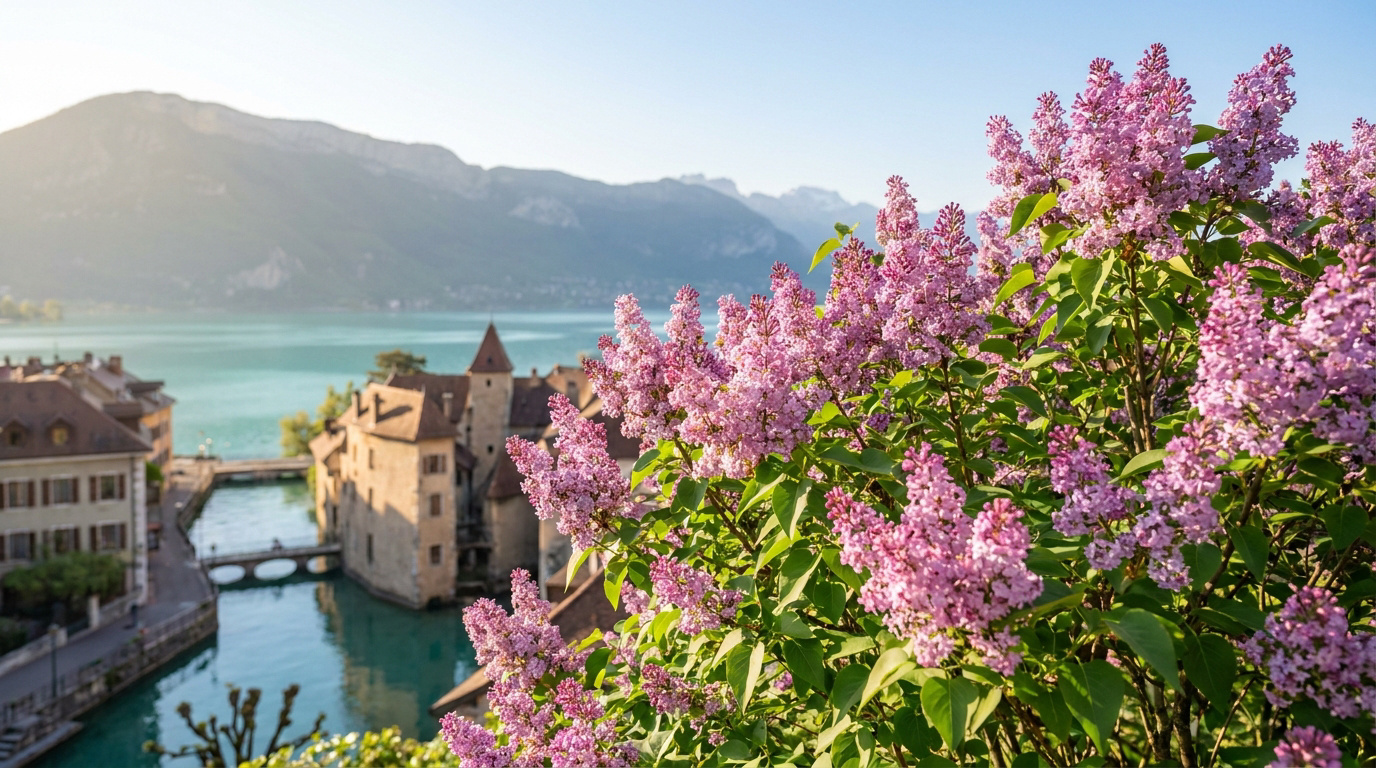 Des grappes de lilas roses au premier plan avec vue sur le Palais de l'Île et le lac d'Annecy en arrière-plan.
